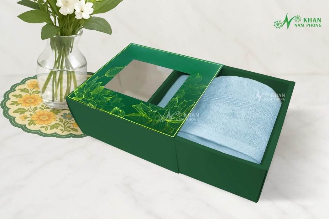 Set 2 Khăn Quà Tặng Vbamboo 28X50Cm &Amp; 50X100Cm Màu Xanh Da Trời Đóng Hộp Kéo Xanh Lá Set khăn quà tặng màu xanh da trời cao cấp