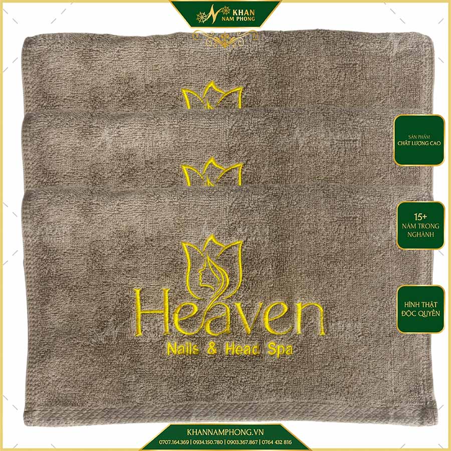 Khăn Làm Nail Cotton 34X80 Cm Thêu Logo Heaven Màu Nâu Tây Khăn Làm Nail Cotton 34X80 cm Thêu Logo Heaven Màu Nâu Tây