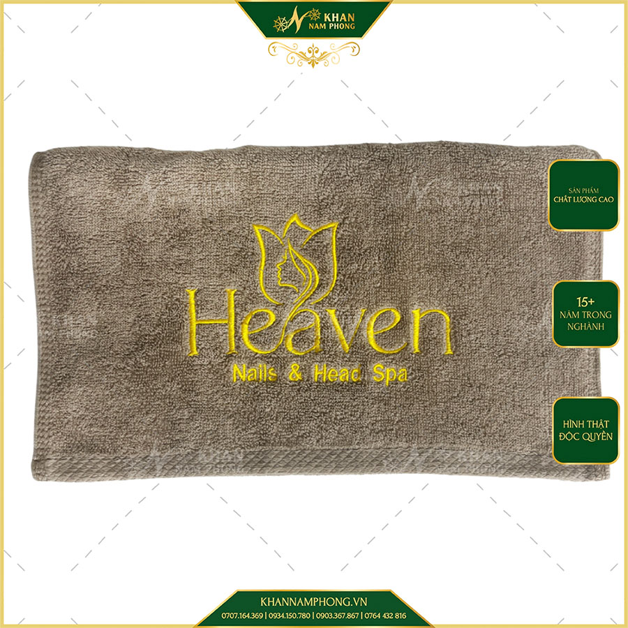 Khăn Làm Nail Cotton 34X80 Cm Thêu Logo Heaven Màu Nâu Tây Khăn Làm Nail Cotton 34X80 cm Thêu Logo Heaven Màu Nâu Tây