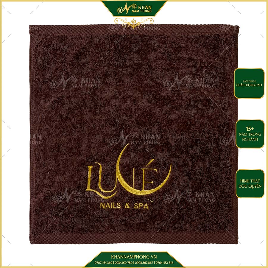 Khăn Nail Làm Móng Thêu Logo Lune Màu Nâu Socola Khăn Nail Làm Móng Thêu Logo LUNE Màu Nâu Socola