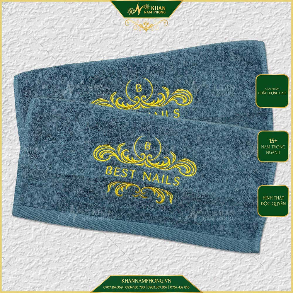 Khăn Tay Làm Nail Pedicure 34X34Cm Thêu Logo Best Nail Màu Xanh Vintage Khăn Tay Làm Nail Pedicure 34x34cm Thêu Logo Best Nail Màu Xanh Vintage