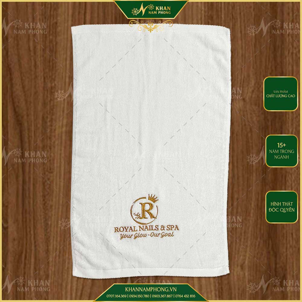 Khăn Làm Nail Chân Microfiber Trắng 40X80Cm Thêu Logo Royal Nail &Amp; Spa - Your Glow - Our Goal Khăn Làm Nail Chân Microfiber Trắng 40x80cm Thêu Logo Royal Nail & Spa - Your Glow - Our Goal