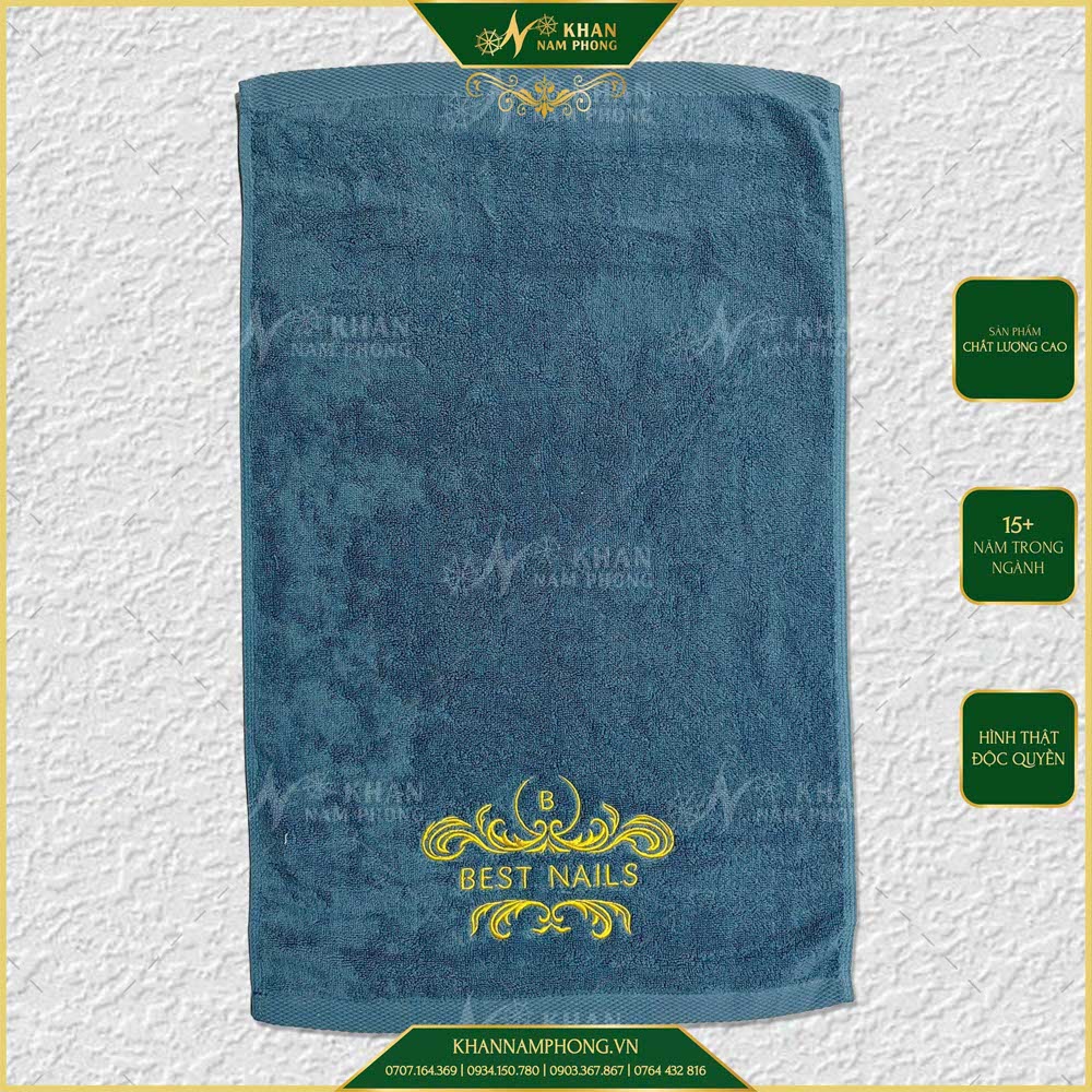 Khăn Tay Làm Nail Pedicure 34X34Cm Thêu Logo Best Nail Màu Xanh Vintage Khăn Tay Làm Nail Pedicure 34x34cm Thêu Logo Best Nail Màu Xanh Vintage