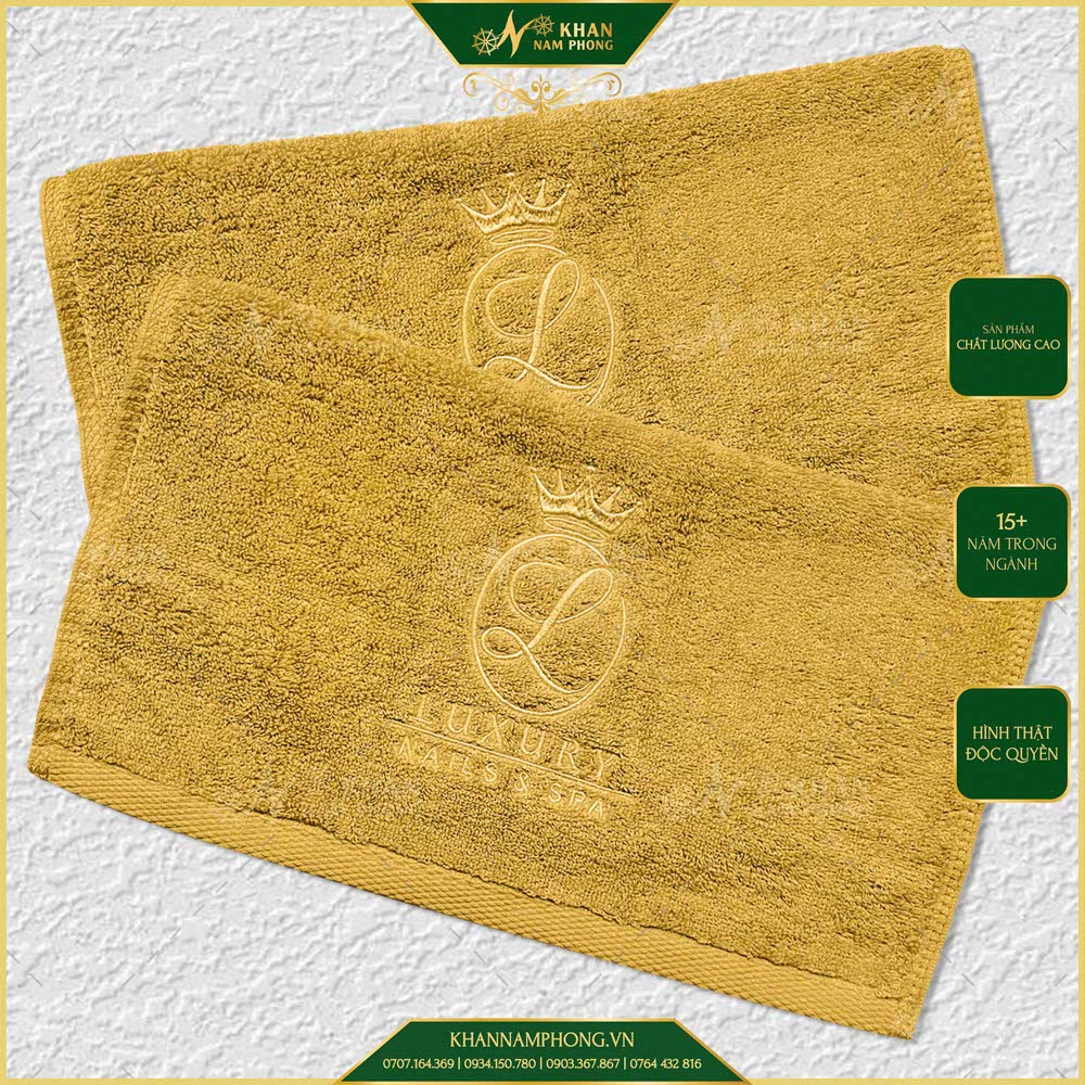 Khăn Manicure 40X60Cm Màu Xanh Vintage Và Vàng Bò Cotton Thêu Logo Luxury Nail &Amp; Spa Khăn Manicure 40X60cm Màu Xanh Vintage Và Vàng Bò Cotton Thêu Logo Luxury Nail & Spa