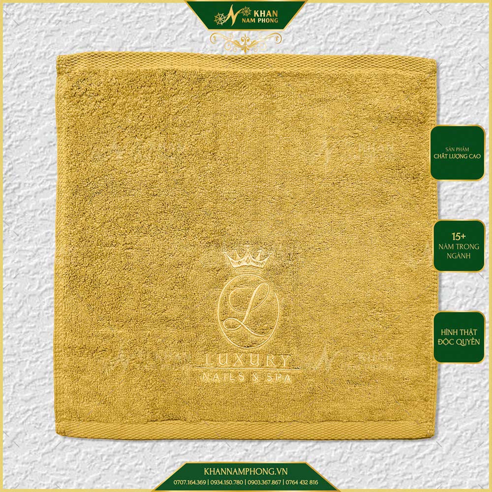 Khăn Manicure 40X60Cm Màu Xanh Vintage Và Vàng Bò Cotton Thêu Logo Luxury Nail &Amp; Spa Khăn Manicure 40X60cm Màu Xanh Vintage Và Vàng Bò Cotton Thêu Logo Luxury Nail & Spa